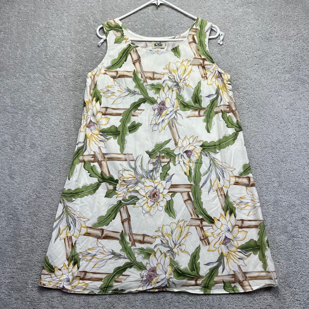 Pau Hana Shirt Dress Womens Large White Green Hawaii Tori Richard Floral Bamboo
